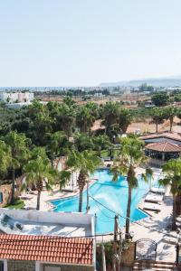 a hotel room with a pool and beach at Oasis Studios in Malia