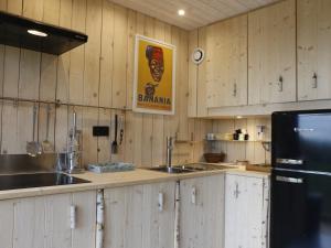 uma cozinha com armários de madeira, um lavatório e um frigorífico em Gite Basse Correo em La Freissinouse
