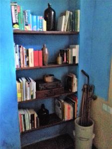 ein Bücherregal gefüllt mit Büchern in einem Raum in der Unterkunft Jardim dos Aloés, Unique B&B - Casa de Charme in Ilha de Moçambique