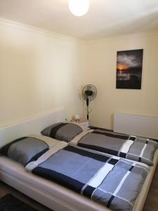 a bedroom with two beds and a painting on the wall at Müritzblick am Wünnow in Röbel