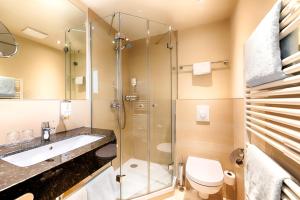 a bathroom with a shower and a toilet and a sink at Seehotel am Stausee 4 Sterne Superior in Gerolstein