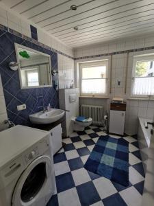 a bathroom with a toilet sink and a washing machine at Ferienwohnung zum Bätstän in Pluwig