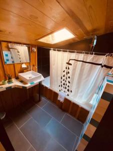 a bathroom with a shower with a white shower curtain at Refuge de Campagne "la Grange à Mémé " in Chaix +20 photos