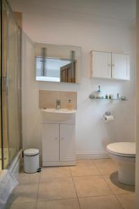 y baño con lavabo, ducha y aseo. en The Heather's Bed and Breakfast en Christchurch