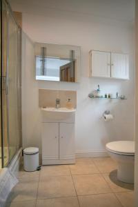 a bathroom with a sink and a shower and a toilet at The Heather's Bed and Breakfast in Christchurch