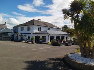 een wit gebouw met een palmboom ervoor bij Hensleigh House in Charmouth