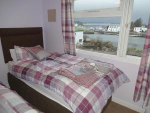 a bed with a cat laying on a blanket next to a window at Hillside in Kyleakin