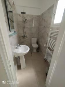 a bathroom with a sink and a toilet at Vassiliki Studios in Andros