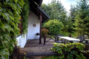 a wooden porch of a house with a table and chairs at Wiejski Dworek in Solina