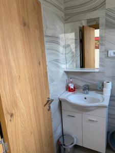 La salle de bains est pourvue d'un lavabo et d'un miroir. dans l'établissement Apartments Boss, à Budva