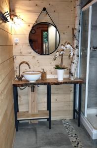 La salle de bains est pourvue d'un lavabo et d'un miroir. dans l'établissement Kabanéo - gîte et sauna- Samois sur Seine - Forêt de Fontainebleau, à Samois-sur-Seine