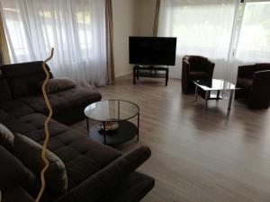 ein Wohnzimmer mit einem Sofa und einem TV in der Unterkunft Ferienhaus Gründaublick in Gründau