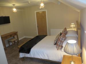 um quarto com uma cama, uma secretária e uma televisão em The Kings Head em Meifod