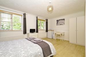 Schlafzimmer mit einem Bett, einem Schreibtisch und einem Stuhl in der Unterkunft Harlinger Lodge Annexe in London