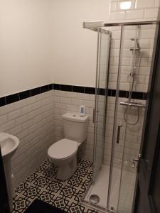 a bathroom with a toilet and a glass shower at Large Townhouse in the Heart of Galway No 12 in Galway