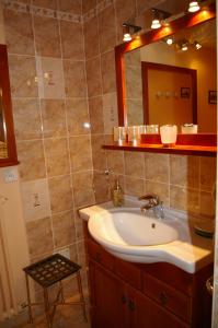 La salle de bains est pourvue d'un lavabo et d'un miroir. dans l'établissement La Cognée, à Cugnaux