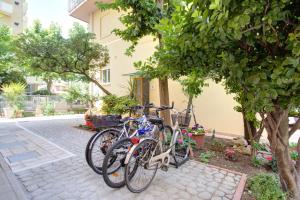 Deux vélos sont garés à côté d'un bâtiment dans l'établissement Hotel Nella, à Rimini