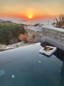 eine Schüssel Essen im Wasser mit Sonnenuntergang im Hintergrund in der Unterkunft Ostraco Suites in Mykonos Stadt