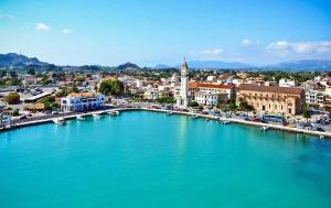 an aerial view of a city with a river at Faneromeni Two bed Apartment B (1st Floor) in Zakynthos Town