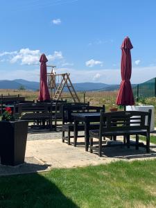 a group of benches with umbrellas on top of them at Vila Paltinis in Păltiniş