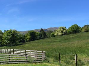 a fence in the middle of a field with a hill at Leny Estate in Callander