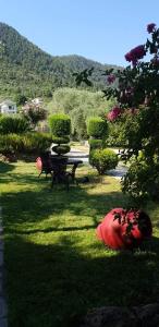 a yard with a picnic table and a bench in the grass at Hotel Maria in Chrysi Ammoudia