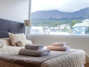 um quarto com uma cama e uma janela grande em Ona Shelter em Ushuaia
