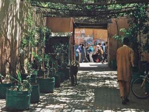 un grupo de personas caminando por una calle con plantas en Riad Dar Marhaba, en Marrakech