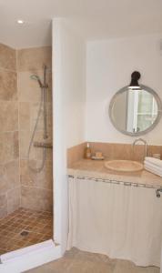 ein Bad mit einer Dusche, einem Waschbecken und einem Spiegel in der Unterkunft Cottage Aixois in Aix-en-Provence