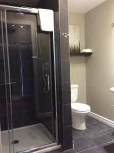 a bathroom with a shower and a toilet at Miami Motel inc in Trois-Rivières