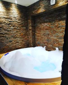 una vasca da bagno in una camera con parete in mattoni di Canti apartments a Novi Sad