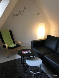 - un salon avec un canapé noir et une table dans l'établissement Le Nid de la Cathedrale, à Strasbourg