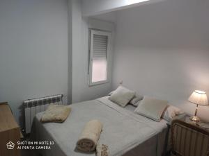 Un dormitorio con una cama grande con almohadas. en Habitación AP, en Madrid