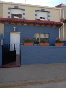 a blue house with potted plants on a wall at Casa Orwa-VUT 029-2020 Turismo Teruel in Villahermosa del Campo