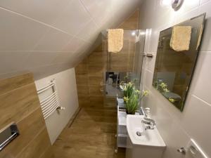 a bathroom with a sink and a mirror at Gościniec przy Spacerowej in Długołęka