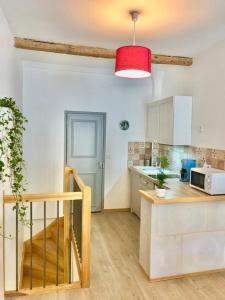 cocina con encimera y microondas en Joli duplex avec balcon et vue sur place du centre historique !, en Foix