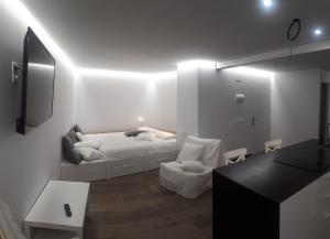 uma sala de estar com uma cama e uma televisão em cal dalmau apartaments loft em Pardines