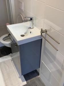 bagno con lavandino bianco e servizi igienici di Le cottage des remparts - face hotel de ville a Boulogne-sur-Mer