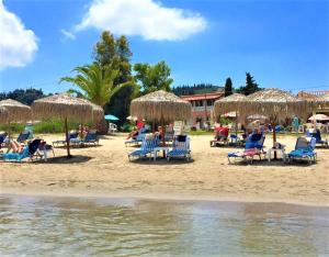 a group of chairs and umbrellas on a beach at Mariposa Apartments next to the Sea in Sidari