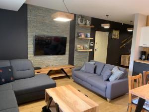 a living room with two couches and a tv at Apartamenty Stara Polana in Zakopane