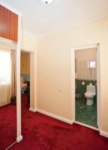 bagno con servizi igienici e tappeto rosso di Hotel Bastion a Sinaia