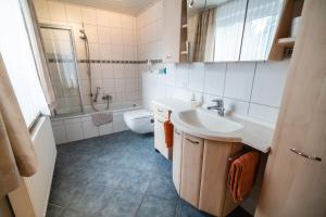 a bathroom with a sink and a toilet at Ferienwohnung im Ottenhai (EG) in Bad Harzburg +20 photos