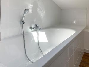 La salle de bains est pourvue d'une baignoire blanche et d'une douche. dans l'établissement Les Appartements du Palais, à Bergerac