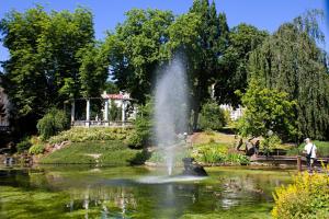 einen Brunnen inmitten eines Teiches in einem Park in der Unterkunft Villa Shafaly in Marienbad