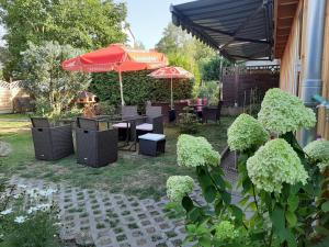 Nebra的住宿－Pension Sommerfrische，庭院配有桌椅和遮阳伞。