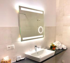 a bathroom with a sink and a mirror at RheinVilla ARTE in Remagen