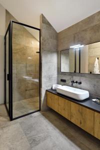 bagno con lavandino e doccia in vetro di DURBUY SUITES a Durbuy