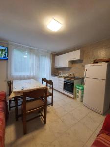 a kitchen with a table and a white refrigerator at Apartman Runolist in Delnice