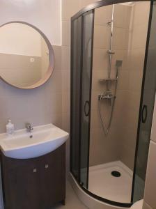 La salle de bains est pourvue d'un lavabo et d'une douche avec un miroir. dans l'établissement Schodami do Nieba, à Cracovie