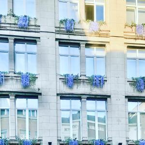 ブリュッセルにあるLes lofts de Stylisteのバルコニーに青い花が咲く高層ビル